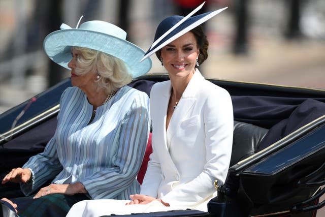 The Duchess of Cornwall and the Duchess of Cambridge during the Trooping the Colour ceremony at Horse Guards Parade, central London, as the Queen celebrates her official birthday, on day one of the Platinum Jubilee celebrations (Adrian Dennis/PA)