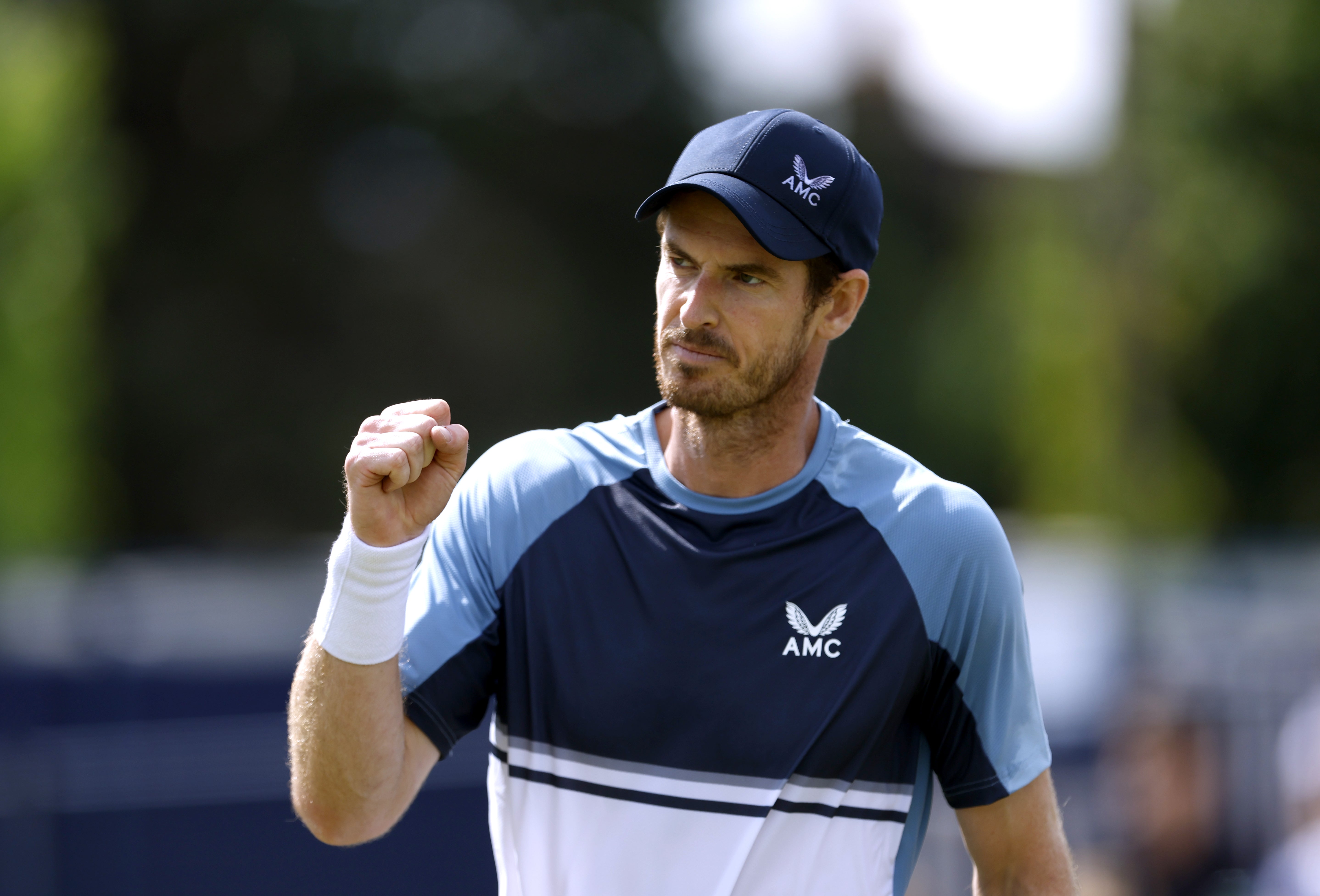 Andy Murray celebrates after victory over Gijs Brouwer to reach the Surbition Trophy quarter-finals