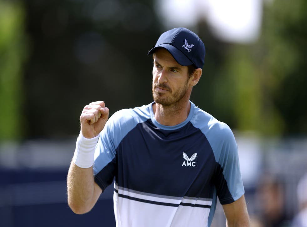 <p>Andy Murray celebrates after victory over Gijs Brouwer to reach the Surbition Trophy quarter-finals</p>