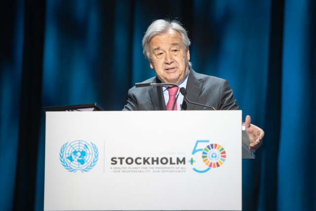 <p>United Nations Secretary General António Guterres speaks at the Stockholm+50 international meeting, convened 2-3 June 2022</p>