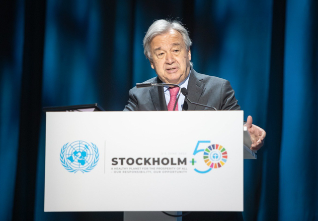 <p>United Nations Secretary General António Guterres speaks at the Stockholm+50 international meeting, convened 2-3 June 2022</p>