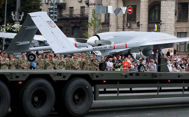 <p>A Bayraktar drone is seen during a rehearsal for the Independence Day military parade in central Kyiv, last August</p>