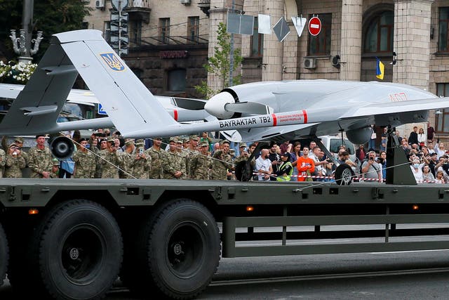 <p>A Bayraktar drone is seen during a rehearsal for the Independence Day military parade in central Kyiv, last August</p>