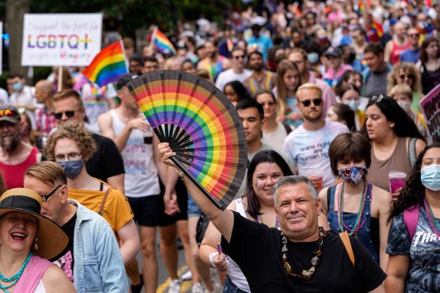 <p>Members and allies of the LGBTQ community participate in a Pride Walk and Rally through downtown Washington, DC, on 12 June 2021</p>