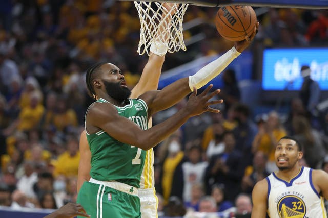 The Boston Celtics stormed home in the fourth quarter to steal the first game of the NBA Finals series against the Golden State Warriors (Jed Jacobsohn/AP)
