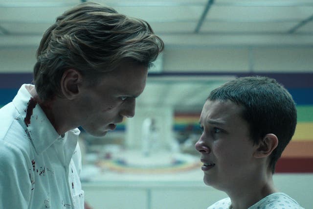 <p>Jamie Campbell Bower as Peter Ballard and Millie Bobby Brown as Eleven in ‘Stranger Things'</p>