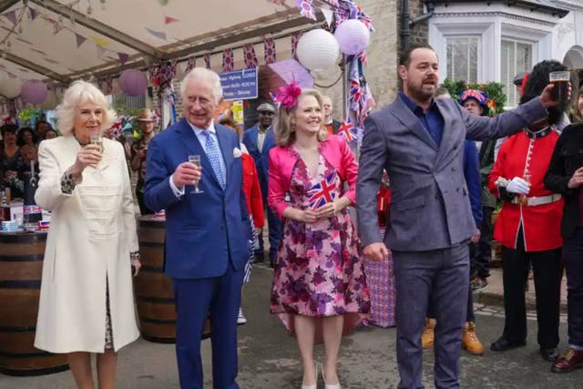 <p>Camilla and Charles with Danny Dyer on the set of EastEnders</p>
