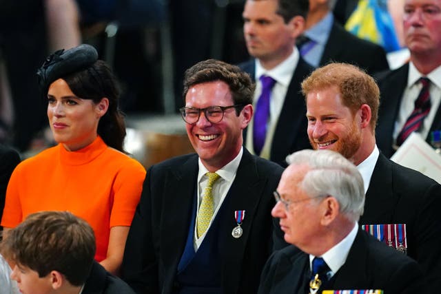 <p>Princess Eugenie, Jack Brooksbank and the Duke of Sussex (Aaron/PA)</p>