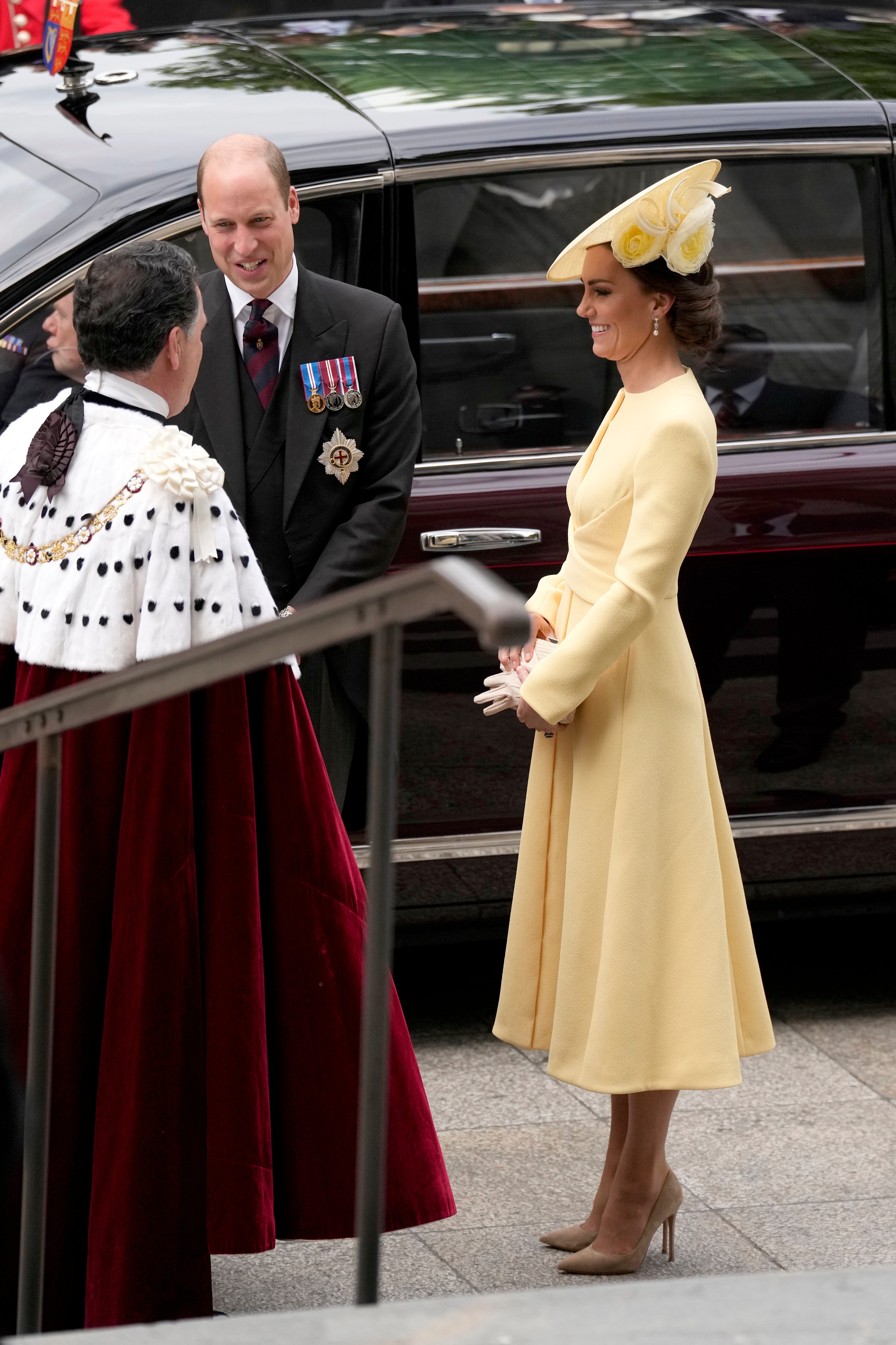 The Duchess completed the look with suede pointed-toe heels