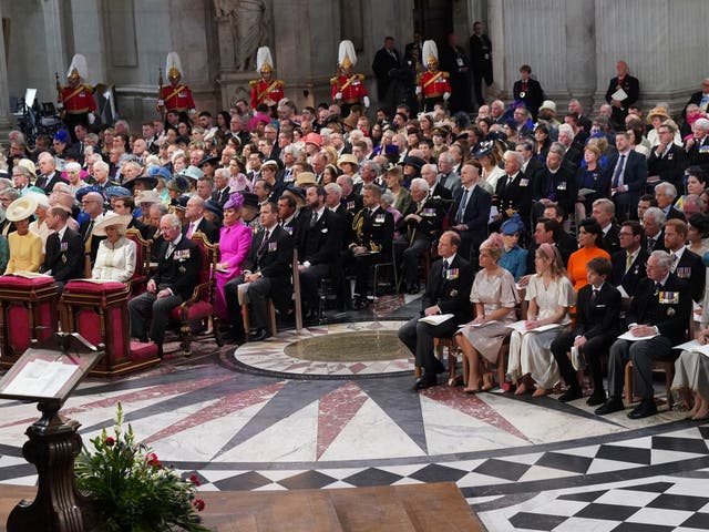 <p>Vice Admiral Sir Tim Laurence, the Princess Royal, the Duchess of Cambridge, the Duke of Cambridge, the Duchess of Cornwall, the Prince of Wales , the Earl of Wessex, the Countess of Wessex, Lady Louise Windsor, James, Viscount Severn, the Duke of Gloucester, and the Duchess of Gloucester, with the wider members of the Royal Family seated behind </p>