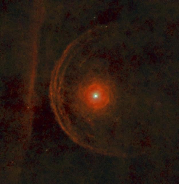 The red supergiant star Betelgeuse is seen surrounded by stellar dust
