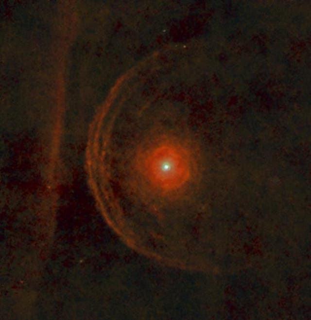 <p>The red supergiant star Betelgeuse is seen surrounded by stellar dust</p>