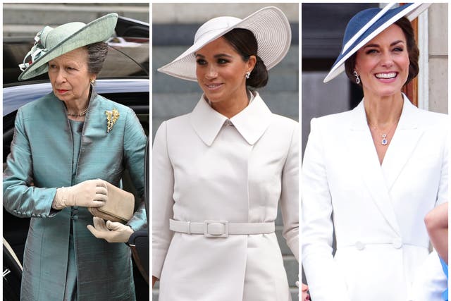 <p>Anne, Princess Royal, the Duchess of Sussex and the Duchess of Cambridge</p>
