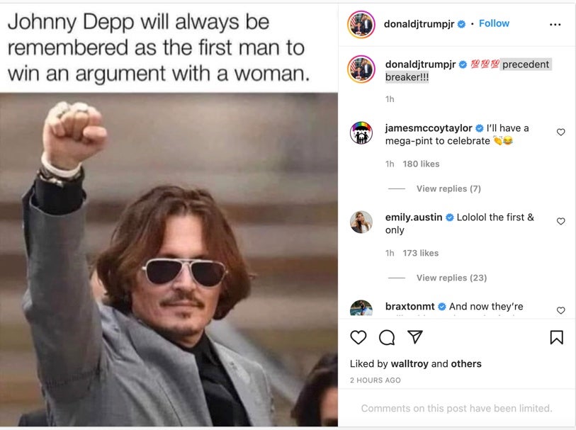 Donald Trump Jr. celebrated Johnny Depp’s win in the case