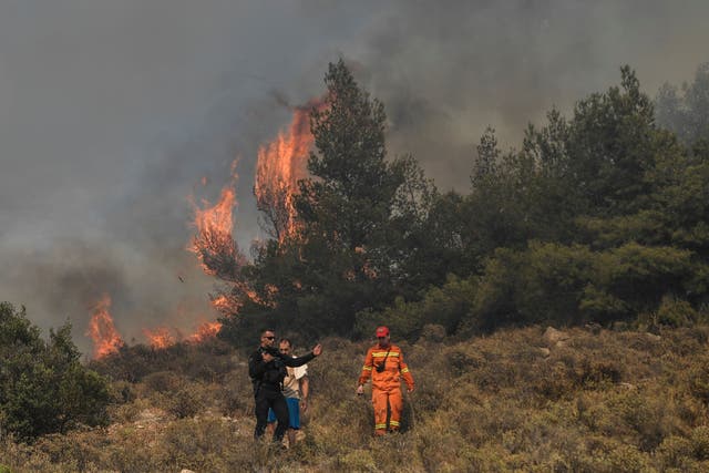 <p>Wildfire rages near Athens, damaging homes</p>