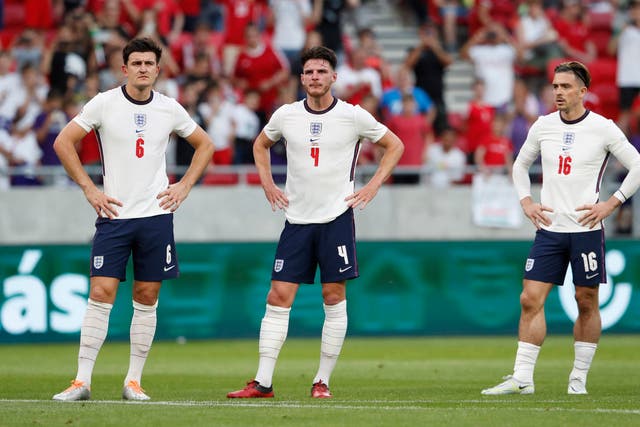 <p>Harry Maguire, Declan Rice and Jack Grealish come to terms with England‘s first loss to Hungary in 60 years </p>