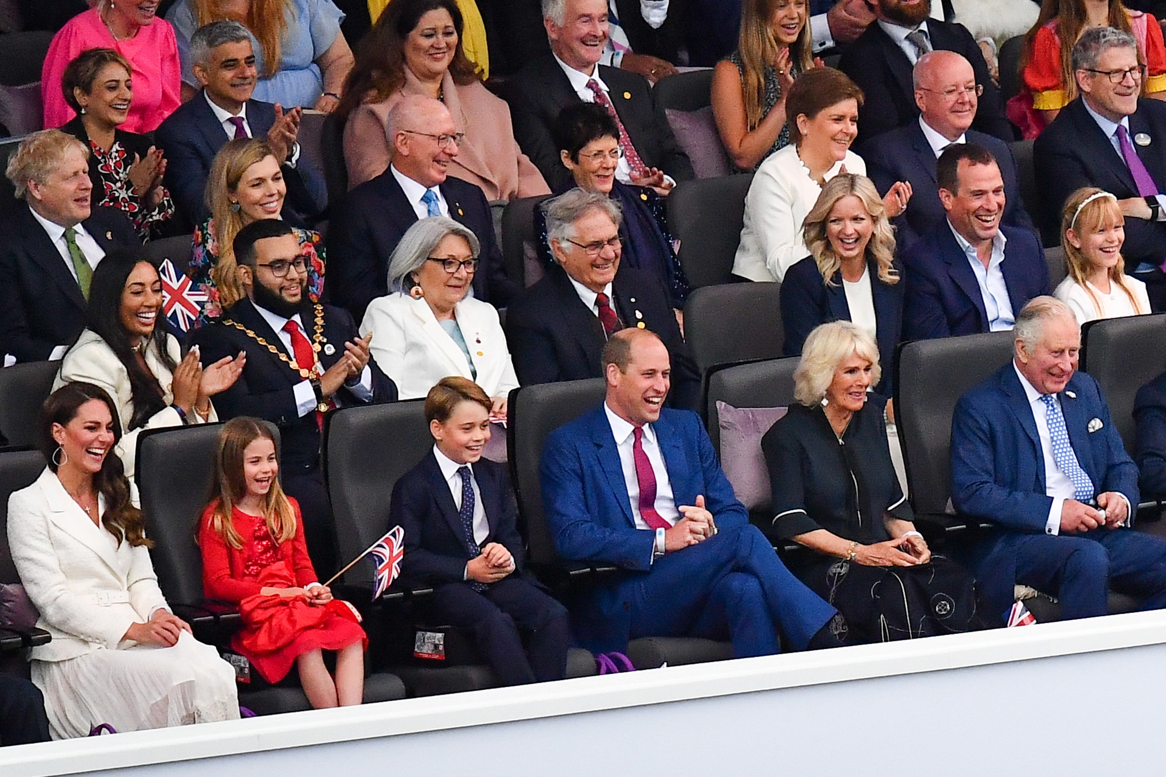 The Duchess of Cambridge, Princess Charlotte, Prince George, the Duke of Cambridge, the Duchess of Cornwall, the Prince of Wales , the Princess Royal, Vice Admiral Sir Tim Laurence and the Countess of Wessex in the royal box (Niklas Halle’n/PA)