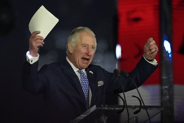 The Prince of Wales speaks on stage during the BBC’s Platinum Party at the Palace staged in front of Buckingham Palace