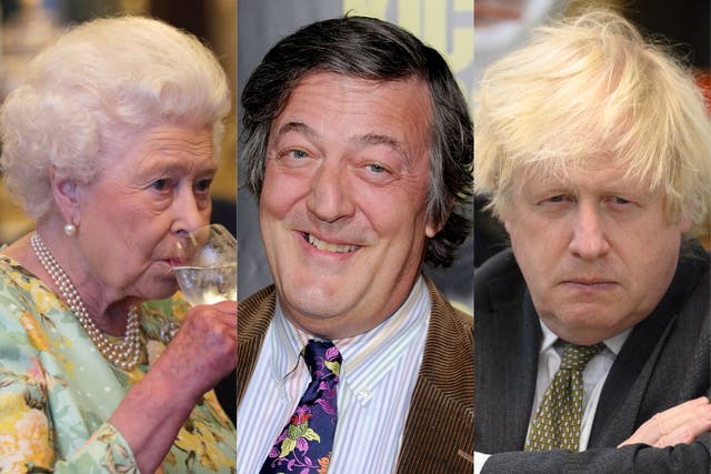 <p>The Queen, Stephen Fry and Boris Johnson</p>
