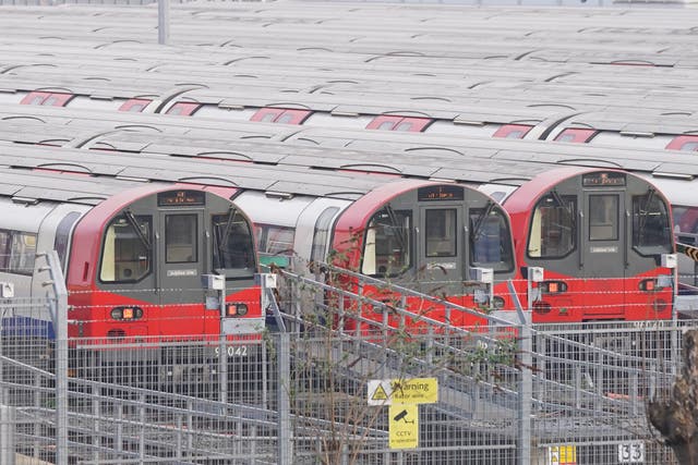 Jubilee line trains parked at the London Underground Stratford Market Depot (PA)