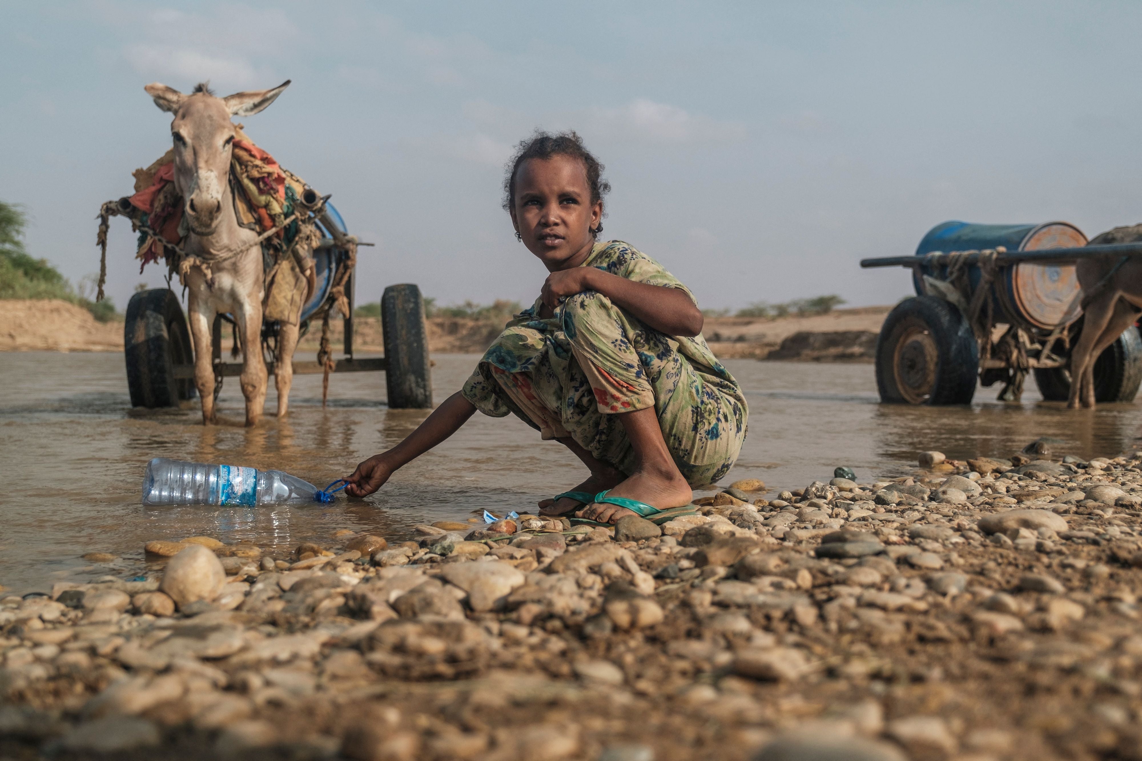 A girl collects water with a bottle in the Shabelle river in Gode, Ethiopia in April. The worst drought to hit the Horn of Africa for 40 years is pushing 20 million people towards starvation
