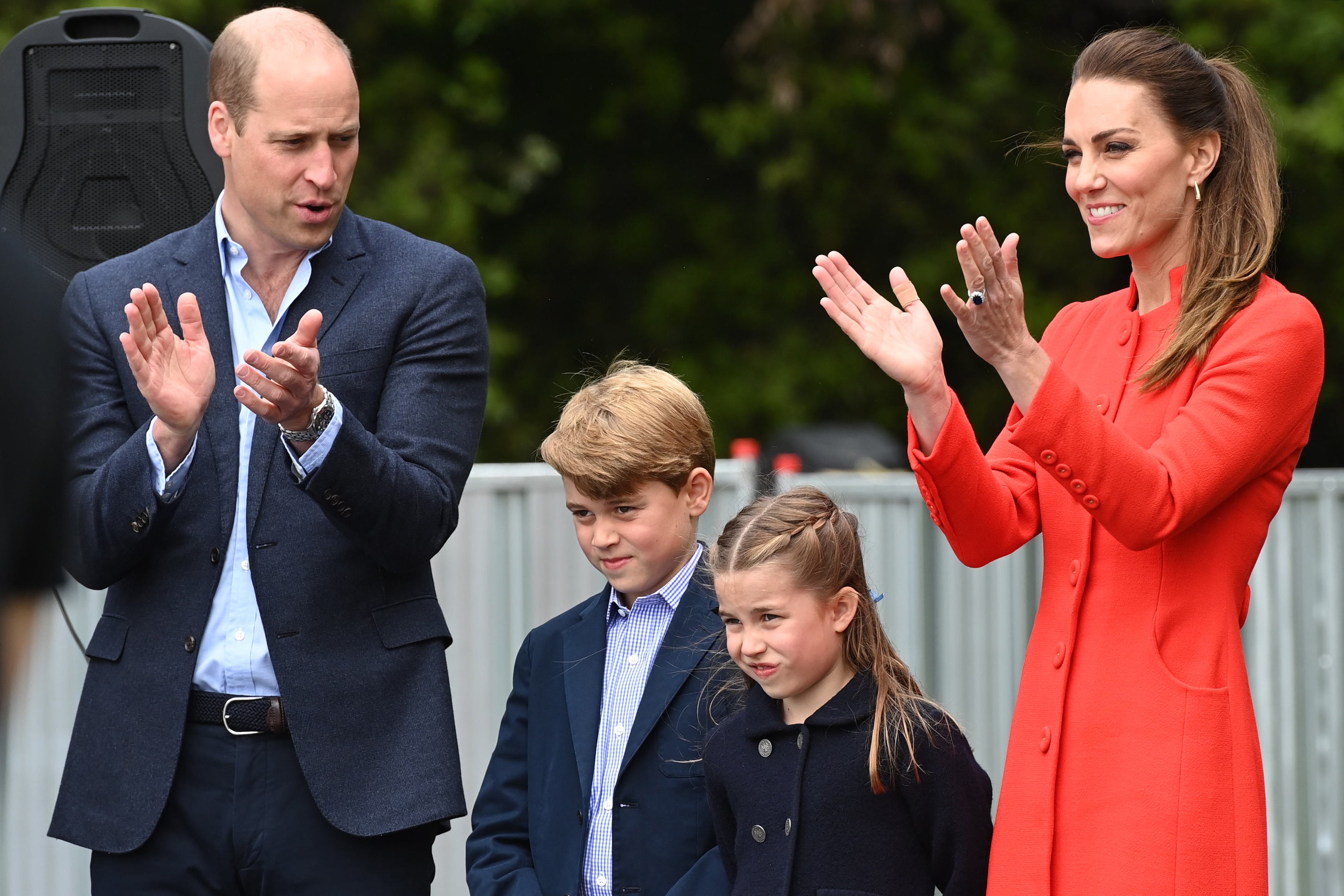 The Duke and Duchess of Cambridge, Prince George and Princess Charlotte applaud a rehearsal during their visit to Cardiff Castle to meet performers and crew involved in the special Platinum Jubilee Celebration Concert taking place in the castle grounds later in the afternoon, as members of the Royal Family visit the nations of the UK to celebrate Queen Elizabeth II’s Platinum Jubilee. Picture date: Saturday June 4, 2022.