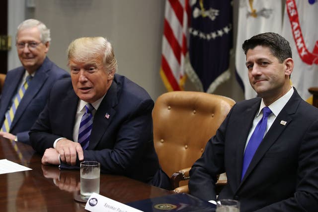 <p>Ex-Speaker Paul Ryan (R) with Donald Trump (L) </p>