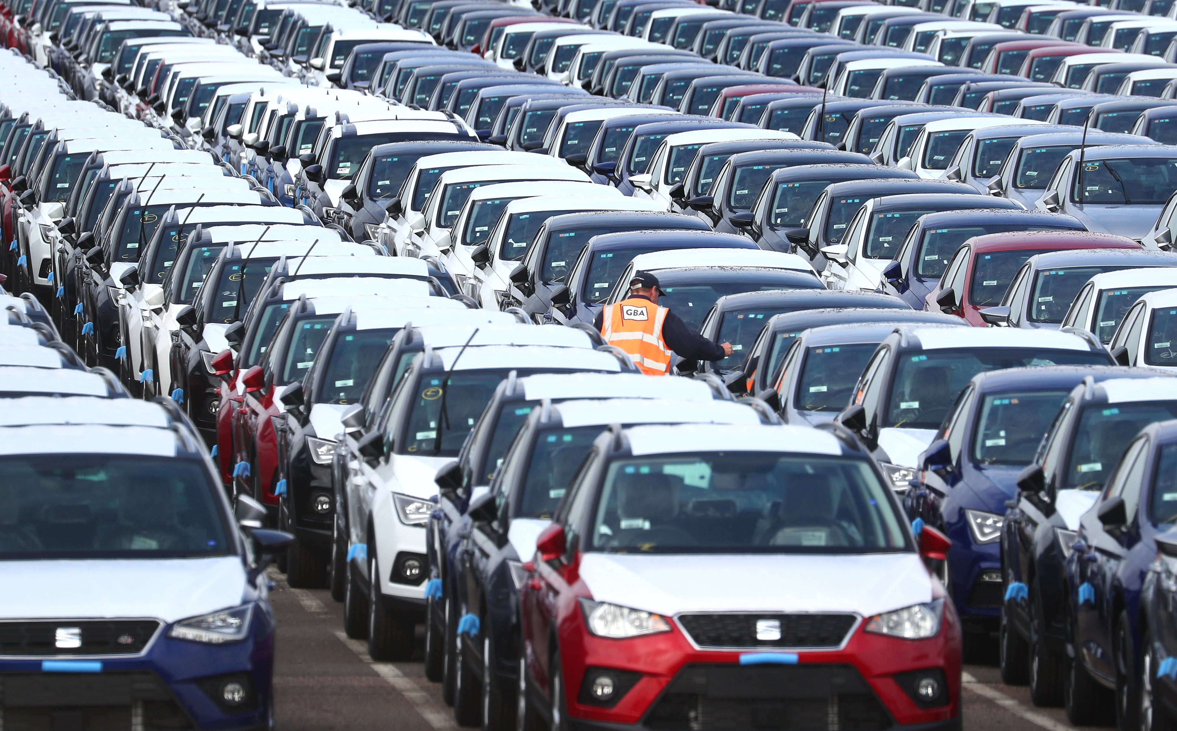 New cars sit at a dockside in Sheerness, Kent