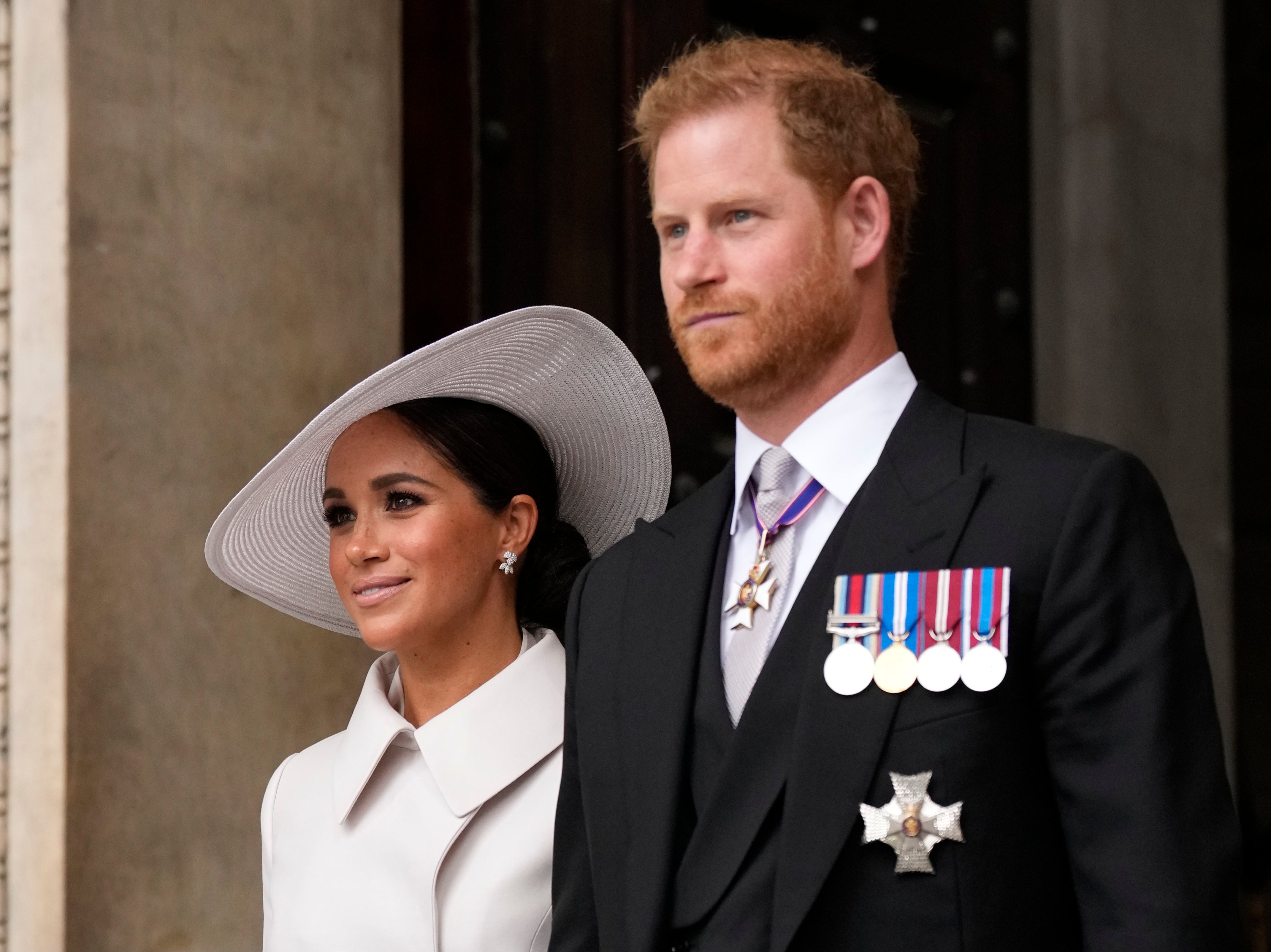 Prince Harry and Meghan Markle leave the Queen’s Service of Thanksgiving at St Paul’s Cathedral on Friday 3 June 2022