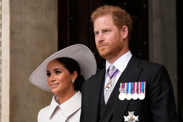 <p>Prince Harry and Meghan Markle leave the Queen’s Service of Thanksgiving at St Paul’s Cathedral on Friday 3 June 2022</p>