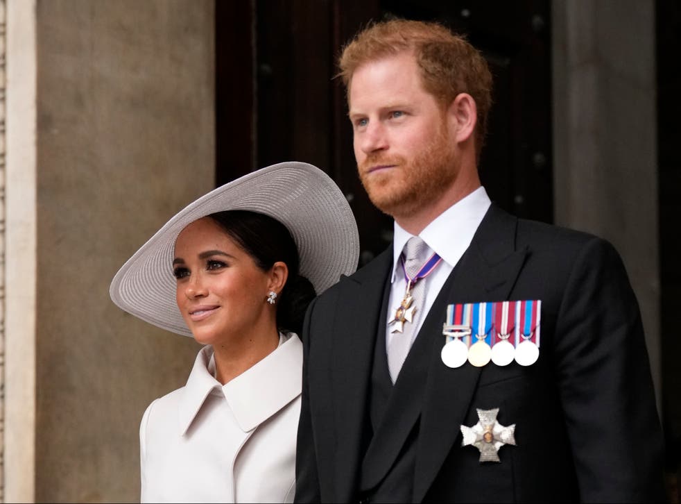 <p>Prince Harry and Meghan Markle leave the Queen’s Service of Thanksgiving at St Paul’s Cathedral on Friday 3 June 2022</p>