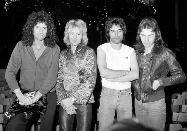 <p>Brian May, Roger Taylor, Freddie Mercury and John Deacon of Queen in 1977</p>