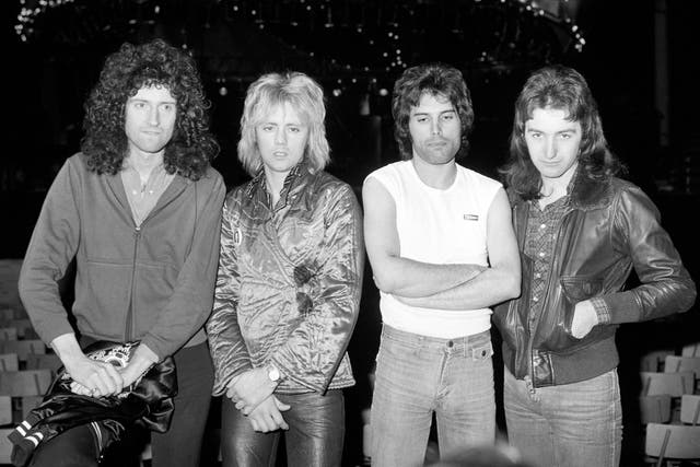 <p>Brian May, Roger Taylor, Freddie Mercury and John Deacon of Queen in 1977</p>