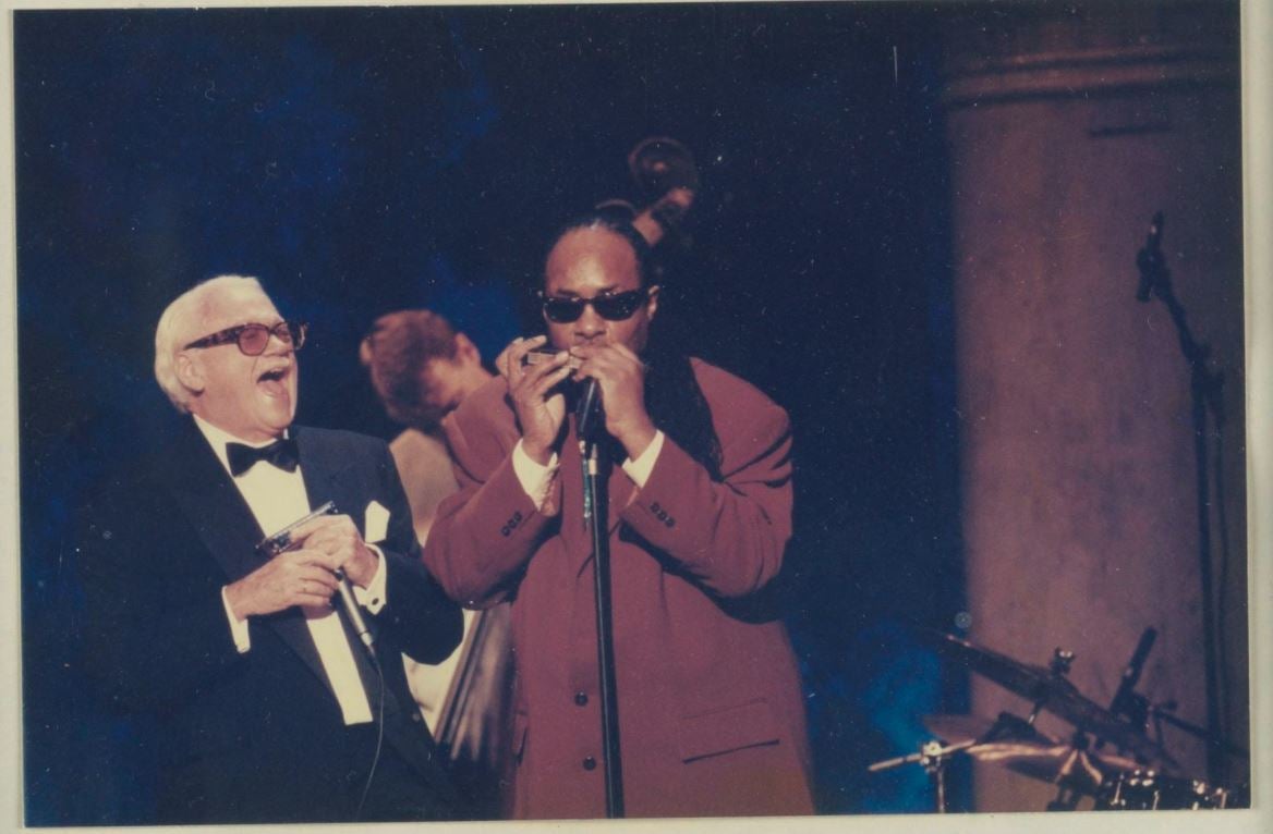 Thieleman and Stevie Wonder perform at the Polar Prize in Stockholm, 1999