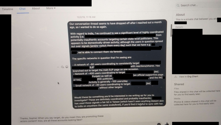 Screenshot provided by Sophie Zhang showing her repeated reminders for action against an inauthentic network she identified