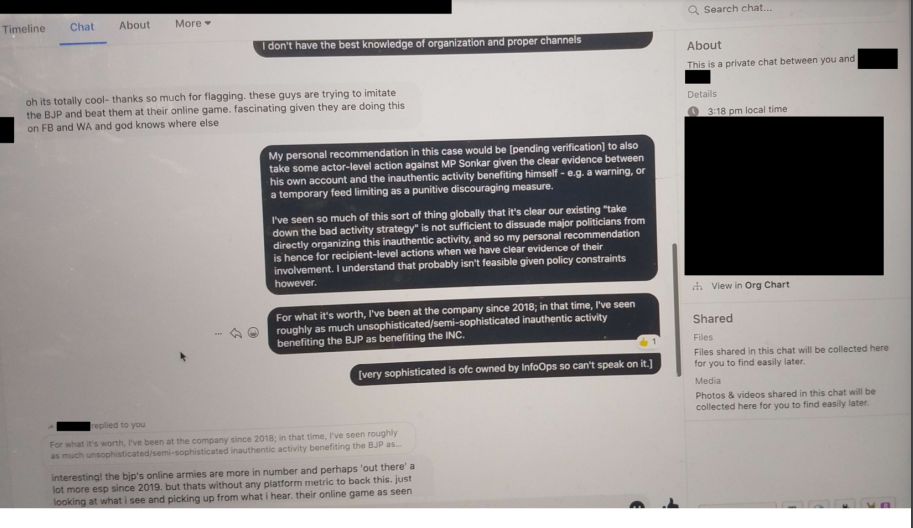 Sophie Zhang’s conversation flagging inauthentic networks to Facebook’s India public policy manager