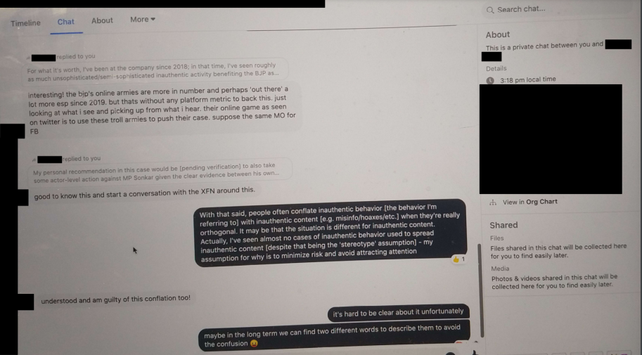 Sophie Zhang’s conversation flagging inauthentic networks to Facebook’s India public policy manager