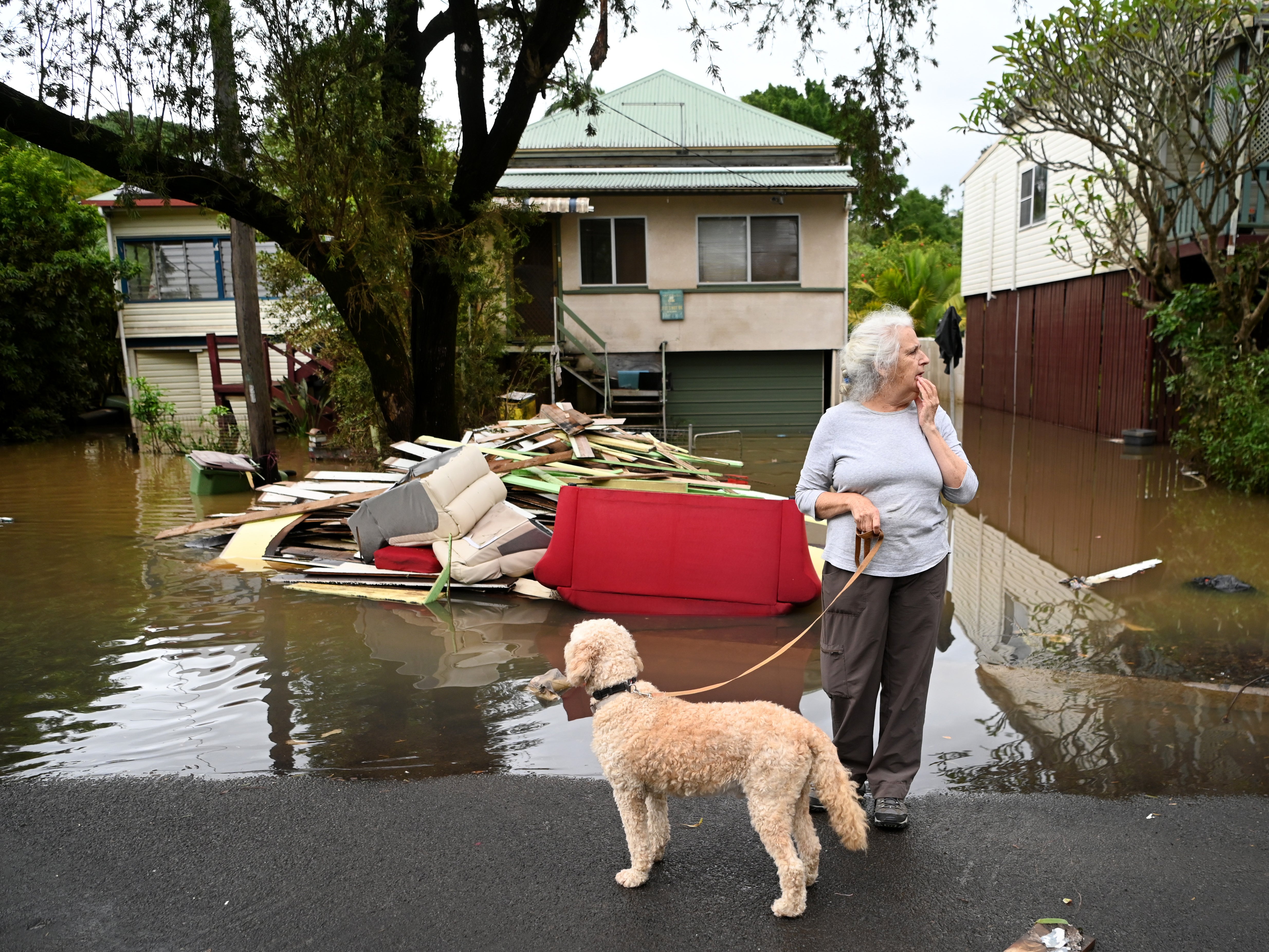 Local resident Cathy Jordan inspects floodwater in her street in Lismore after it was submerged in March
