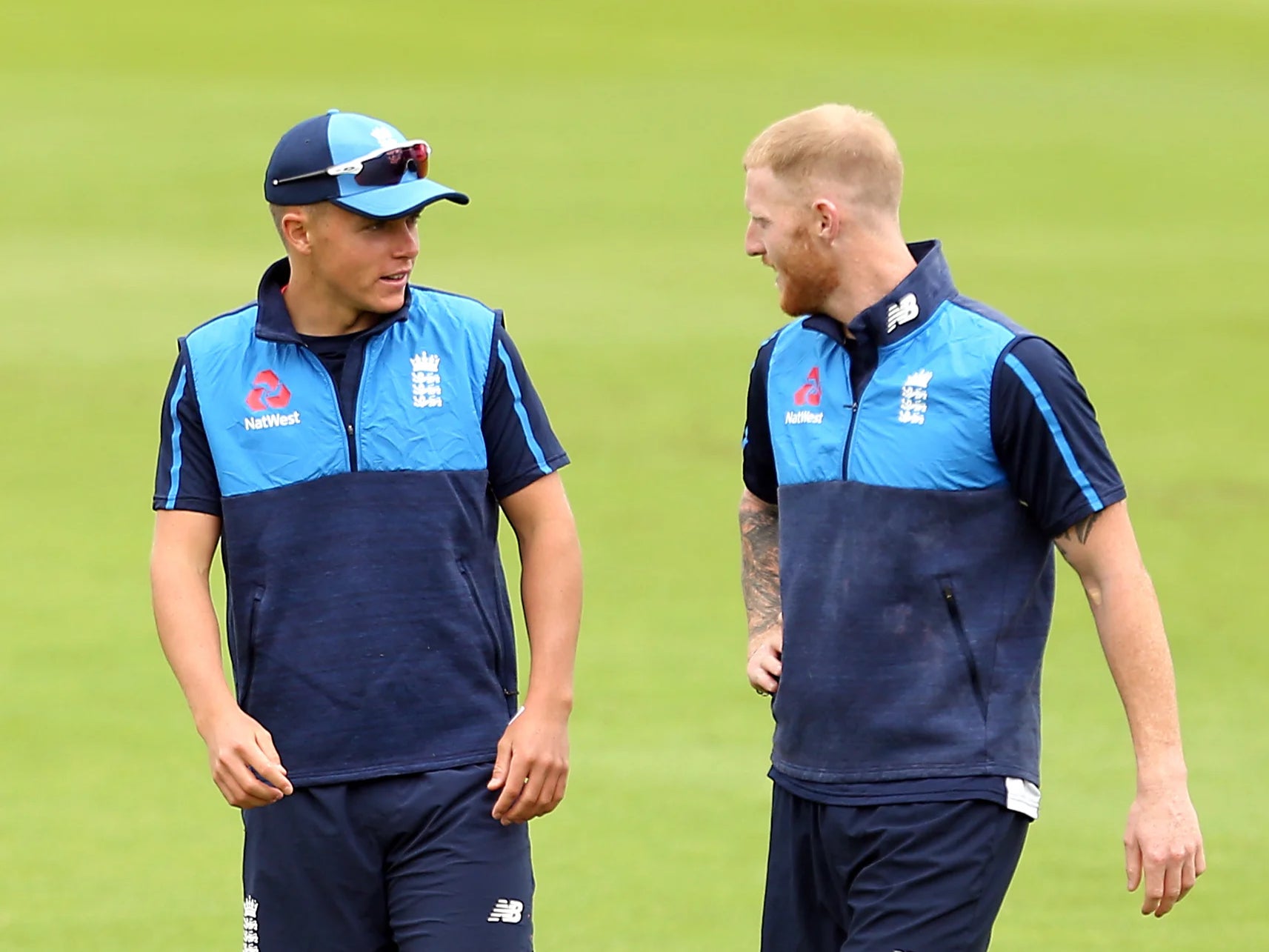 Sam Curran, left, and Ben Stokes during a nets session