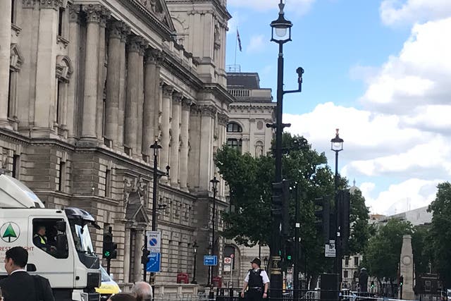 <p>Parliament Street has been cordoned off near Downing Street while police investigate a suspicious package</p>