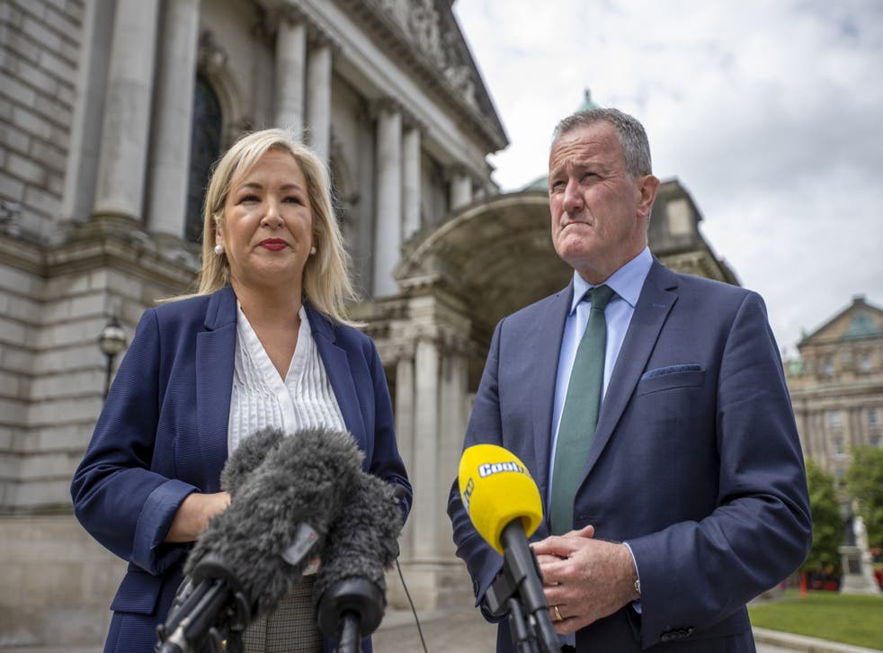 Sinn Fein Vice President Michelle O’Neill and Conor Murphy speak to the media outside Belfast City Hall. (Liam McBurney/PA)