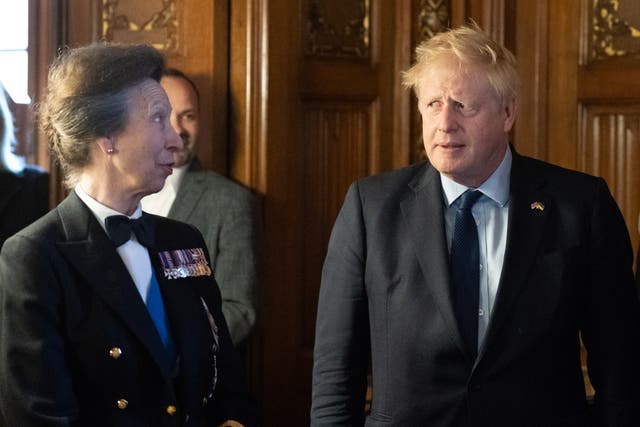 The Princess Royal and Boris Johnson attend a reception for Falklands veterans at the Palace of Westminster (Stefan Rousseau/PA)
