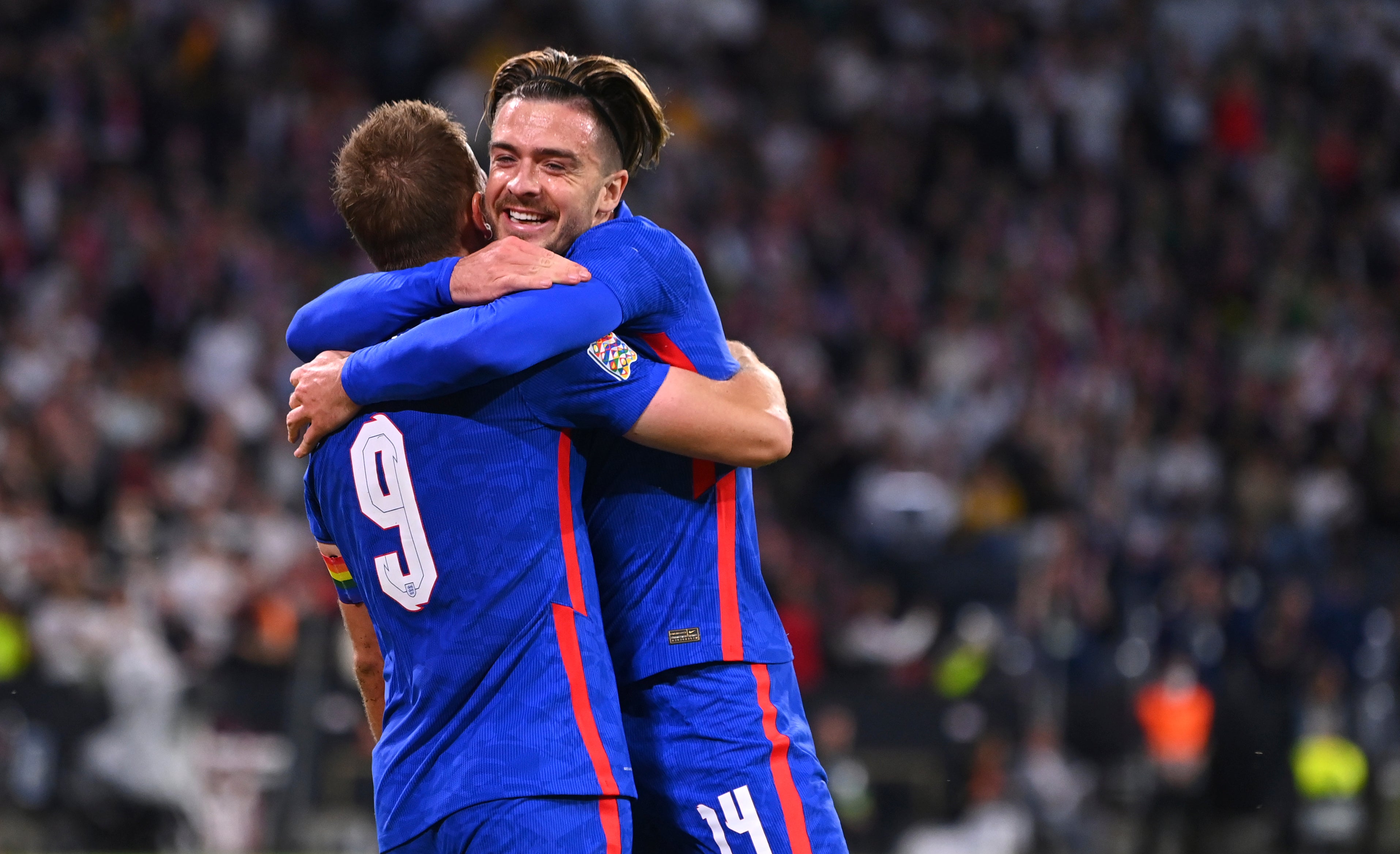 Jack Grealish celebrates England’s equaliser with Harry Kane (Markus Ulmer/AP/PA)