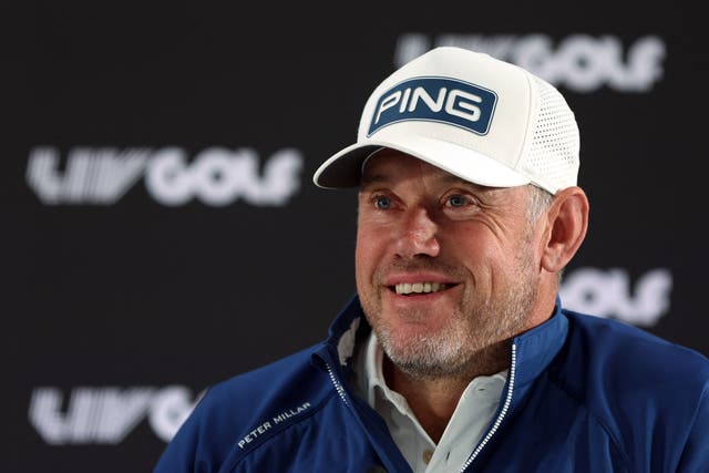 <p>Lee Westwood at a LIV Golf Invitational press conference</p>