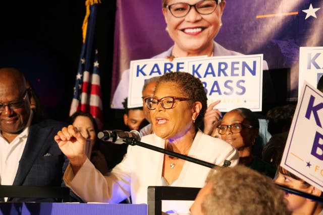 <p>Karen Bass speaks at her primary night event at W Hollywood </p>
