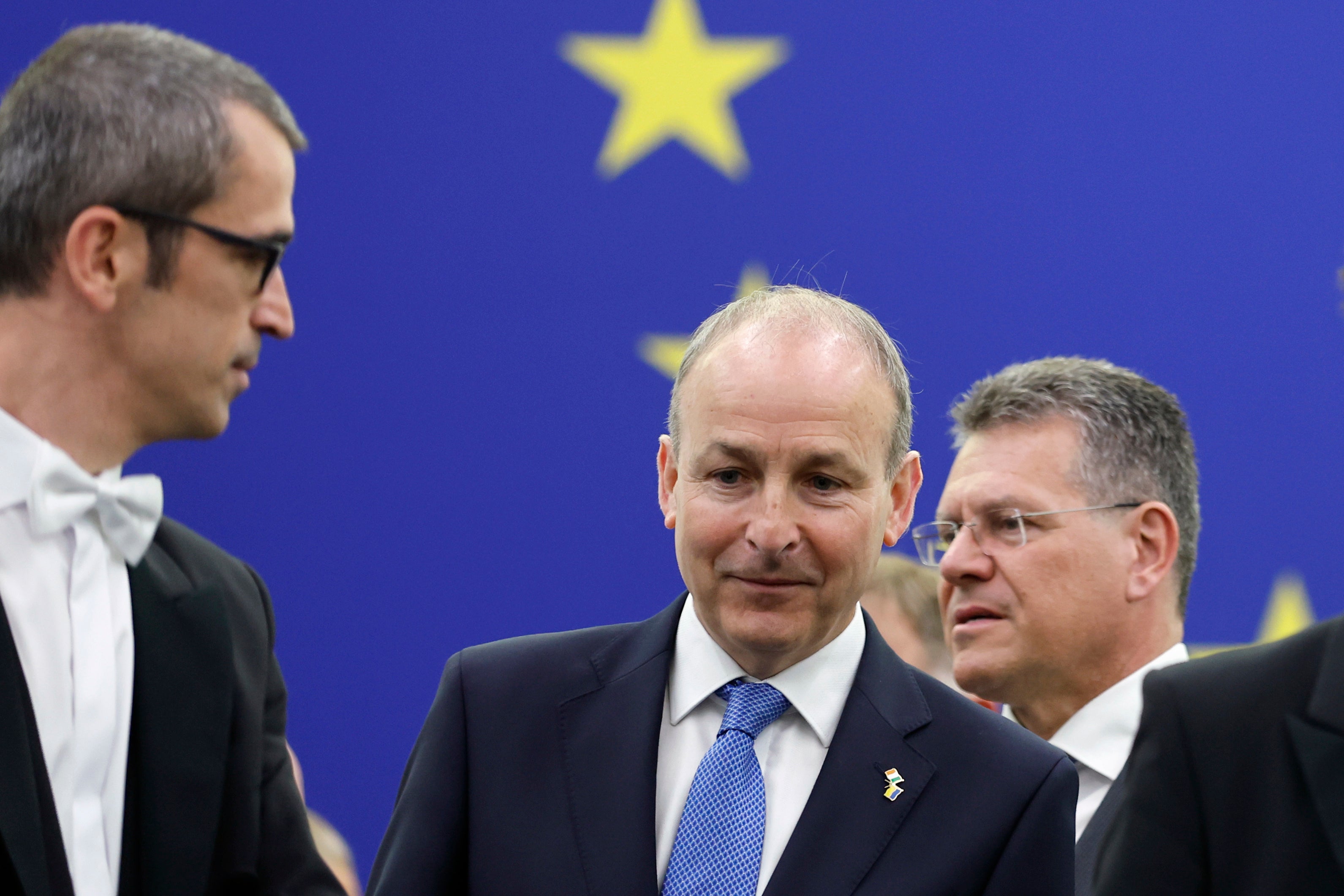 Micheal Martin, centre, was speaking during a visit to Strasbourg