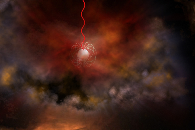 <p>Artist's conception of a neutron star with an ultra-strong magnetic field, called a magnetar, emitting radio waves (red). Magnetars are a leading candidate for what generates Fast Radio Bursts.</p>