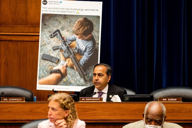 <p>Representative Raja Krishnamoorthi (D-IL), speaks during a House Committee on Oversight and Reform hearing on gun violence on Capitol Hill in Washington, U.S. June 8, 2022</p>