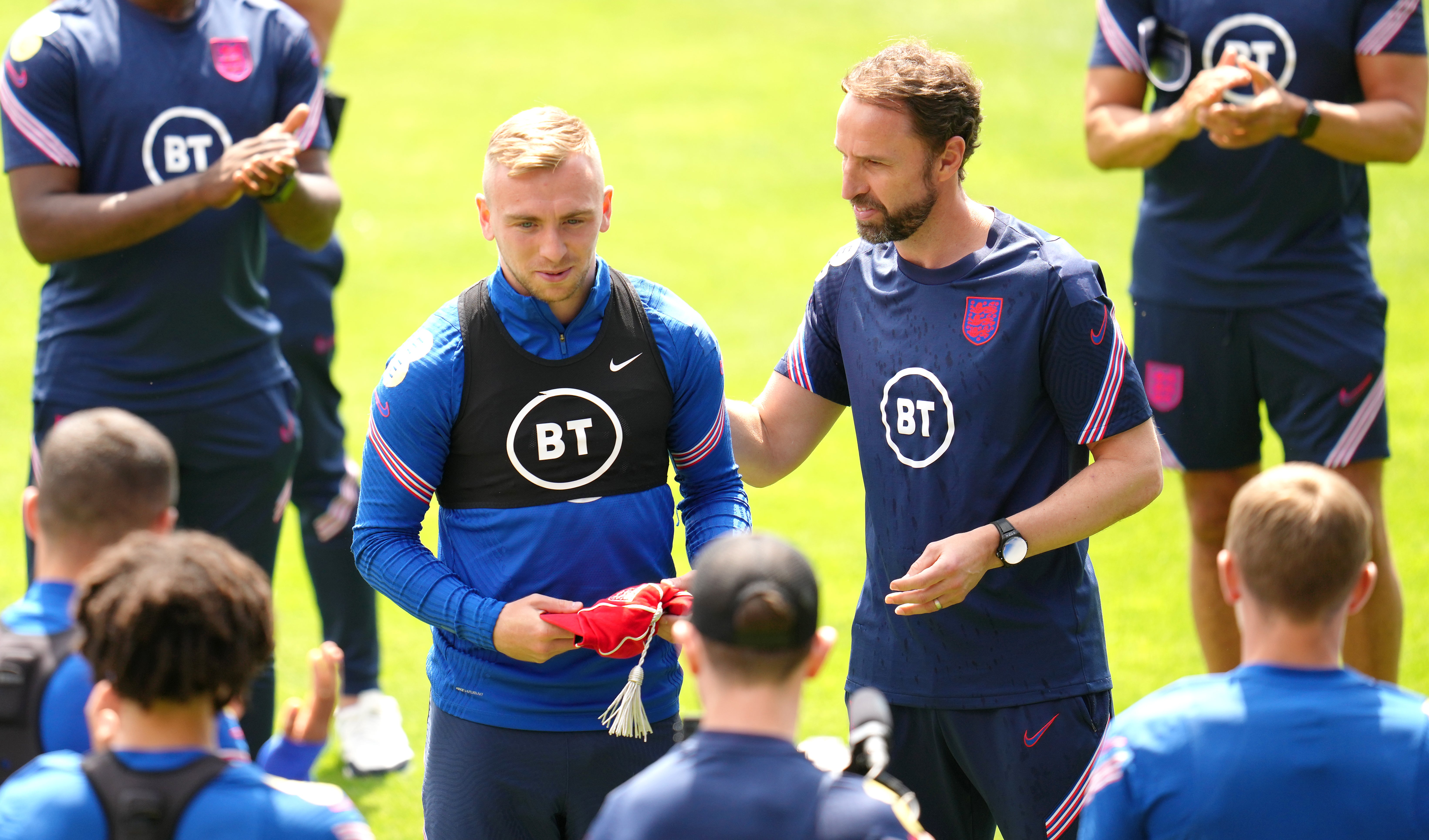 England manager Gareth Southgate gives a cap to Jarrod Bowen (Nick Potts/PA)