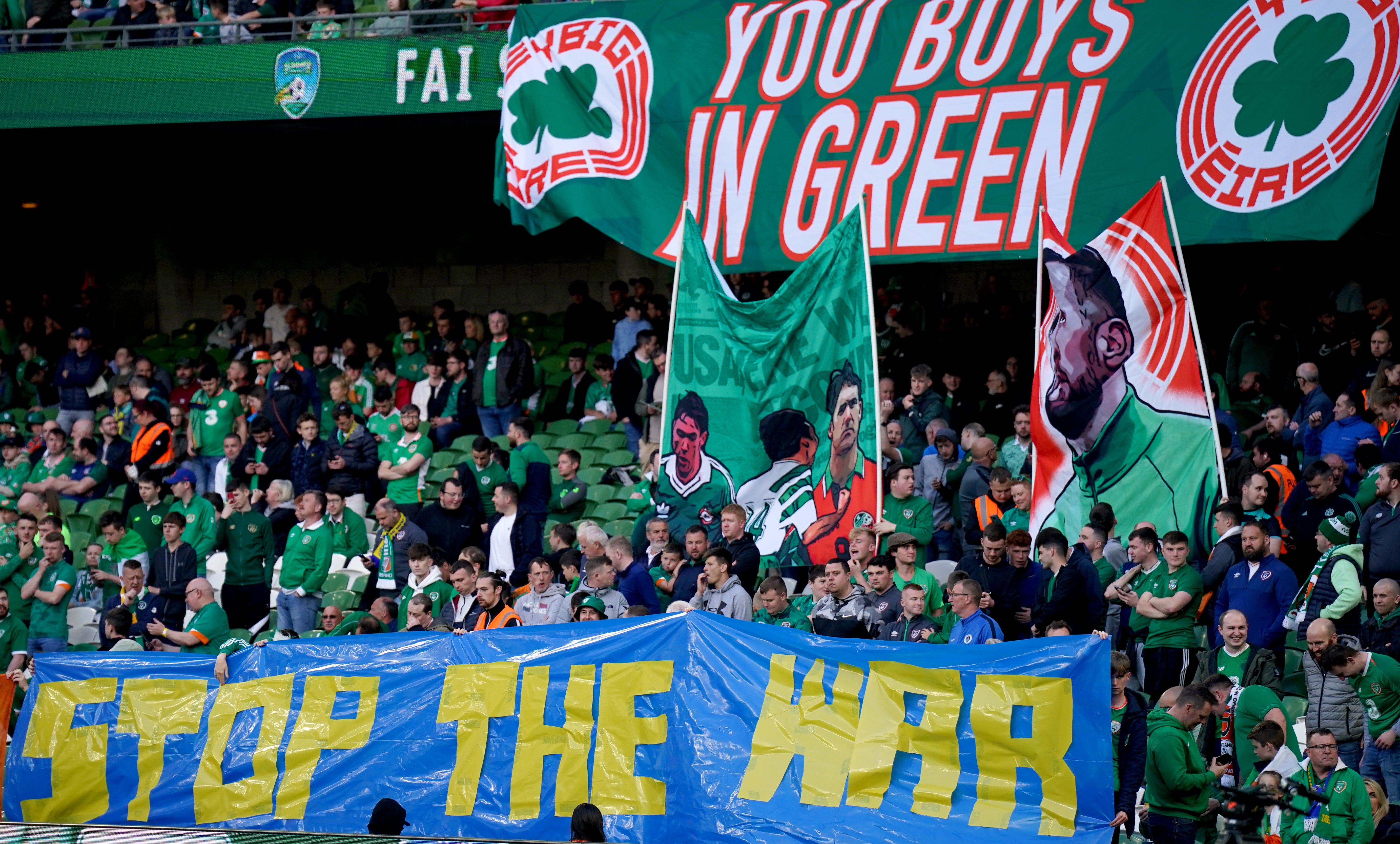 Republic of Ireland fans held up a banner in support of Ukraine (Niall Carson/PA)
